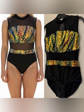 Glamour solo dance costume sequin mesh black gold SA-Small adult NEW
